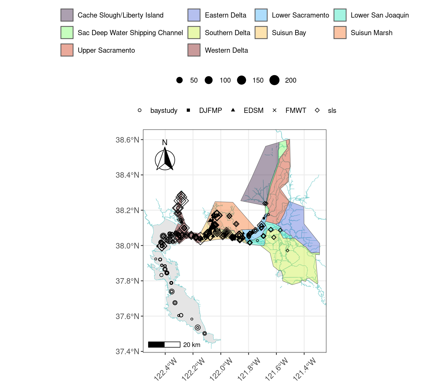 Map showing catch location and relative count oflongfin smelt captured across different regions in WY2026