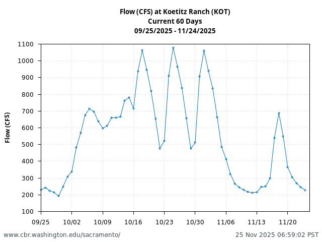Plot of 60 Days current conditions Flow (CFS) at Koetitz Ranch (KOT)