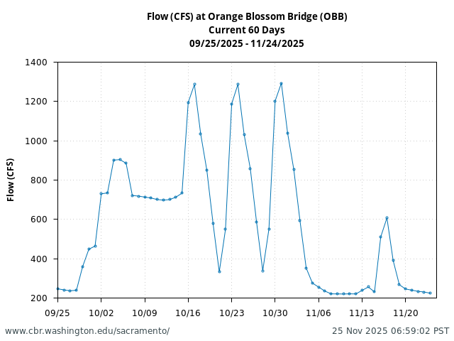 Plot of 60 Days current conditions Flow (CFS) at Orange Blossom Bridge (OBB)