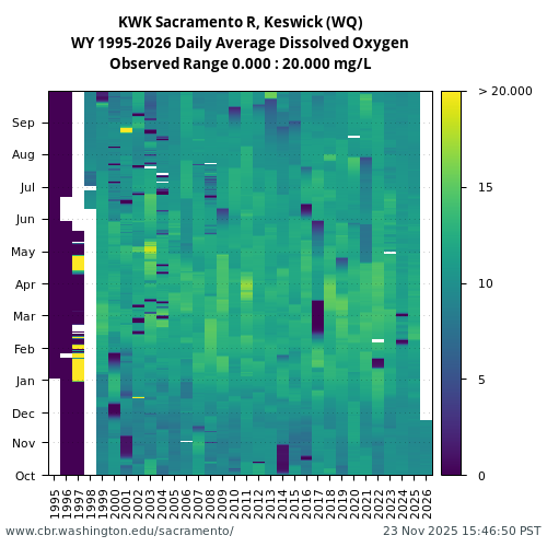 Heatmap of daily average Dissolved Oxygen at KWK visual data inventory for all available years