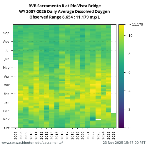 Heatmap of daily average Dissolved Oxygen at RVB visual data inventory for all available years