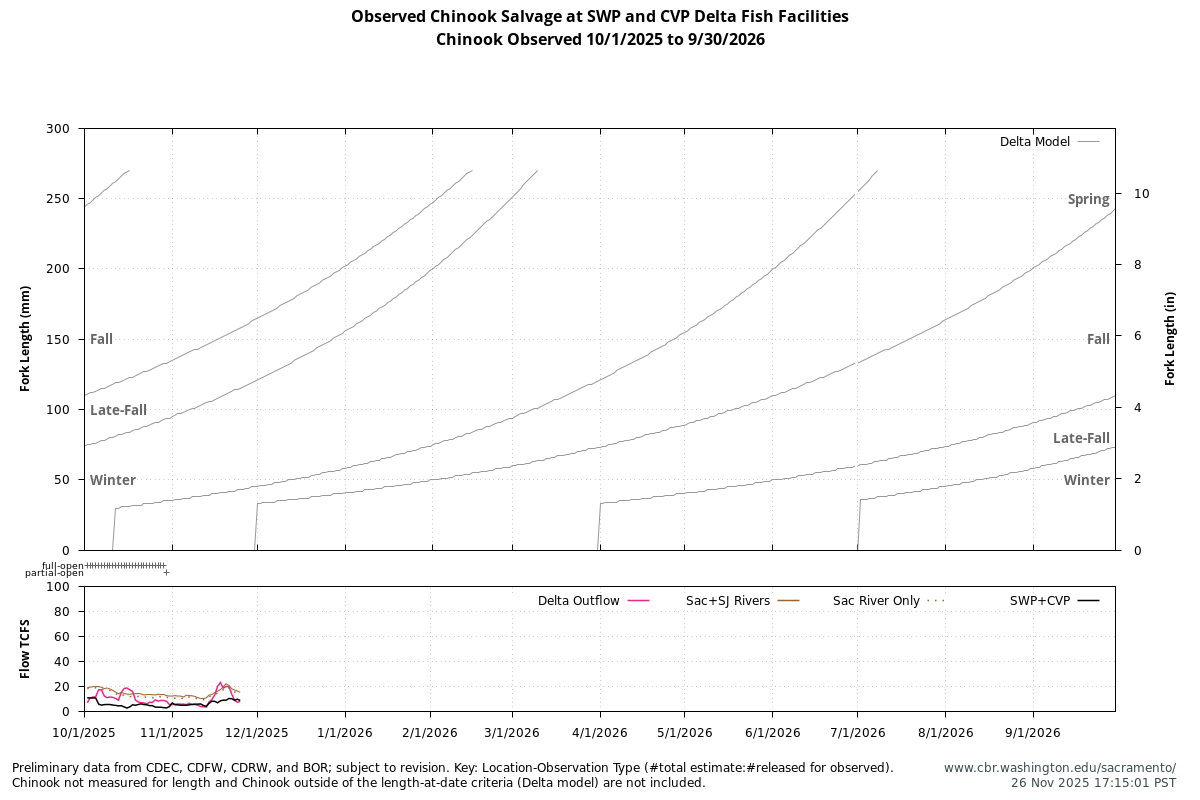 Observed Chinook Salvage at SWP and CVP Delta Fish Facilities, Chinook Observed 10/1/2025 to 9/30/2026 with Delta and River Flow